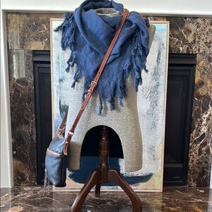 🔷🧵🫐HAND KNOTTED Fringed SCARF SHAWL WRAP NAVY BLUE 💯 linen